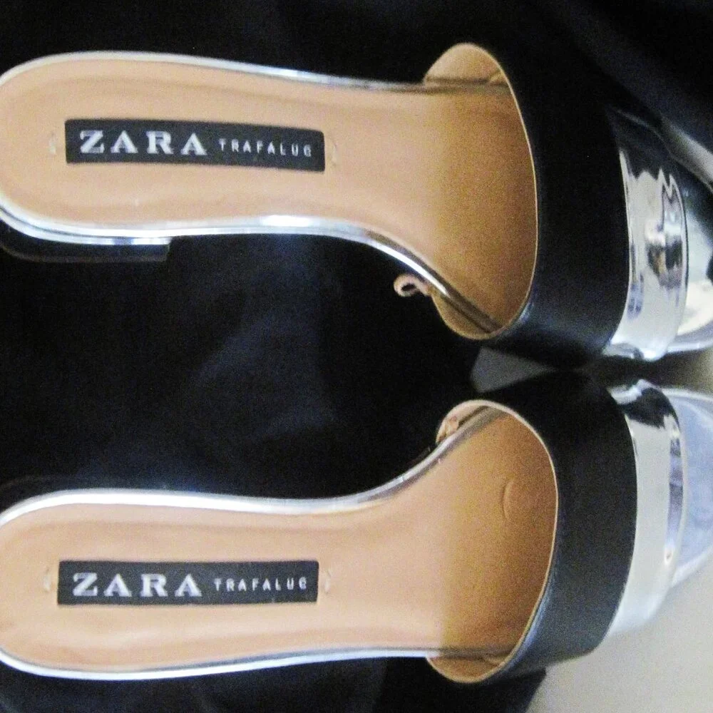 ZARA-Trafaluc-Women's-Shoes-Sandals Size 8W-Black/Silver-Block Heel-Flax Leather - Picture 2 of 4